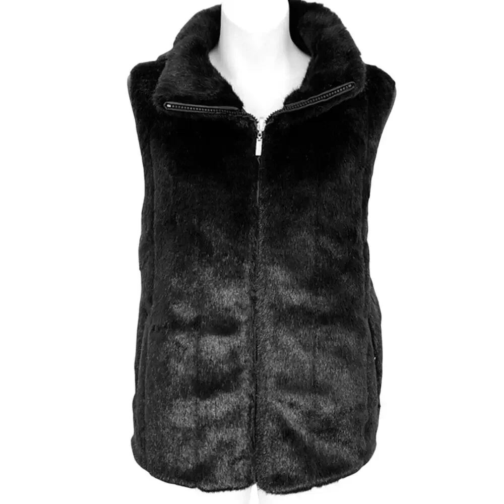 Giacca Gallery Womens Black Full Zip Faux Fur Reversible Vest Jacket Mob Wife M